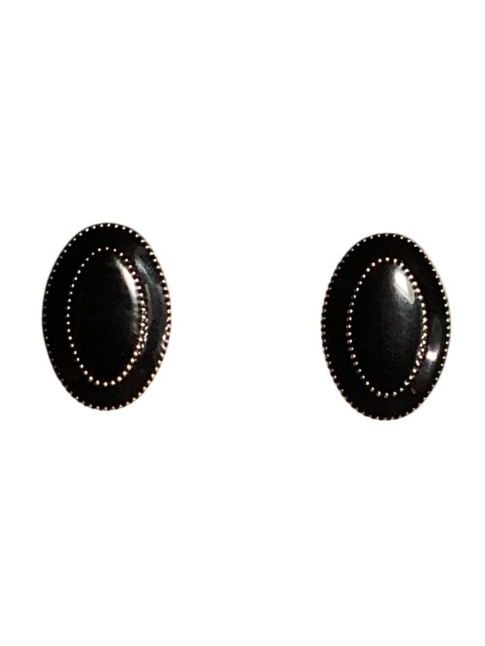Lightweight Oval Victorian Revival Post Earrings Black Enamel Goldtone Metal